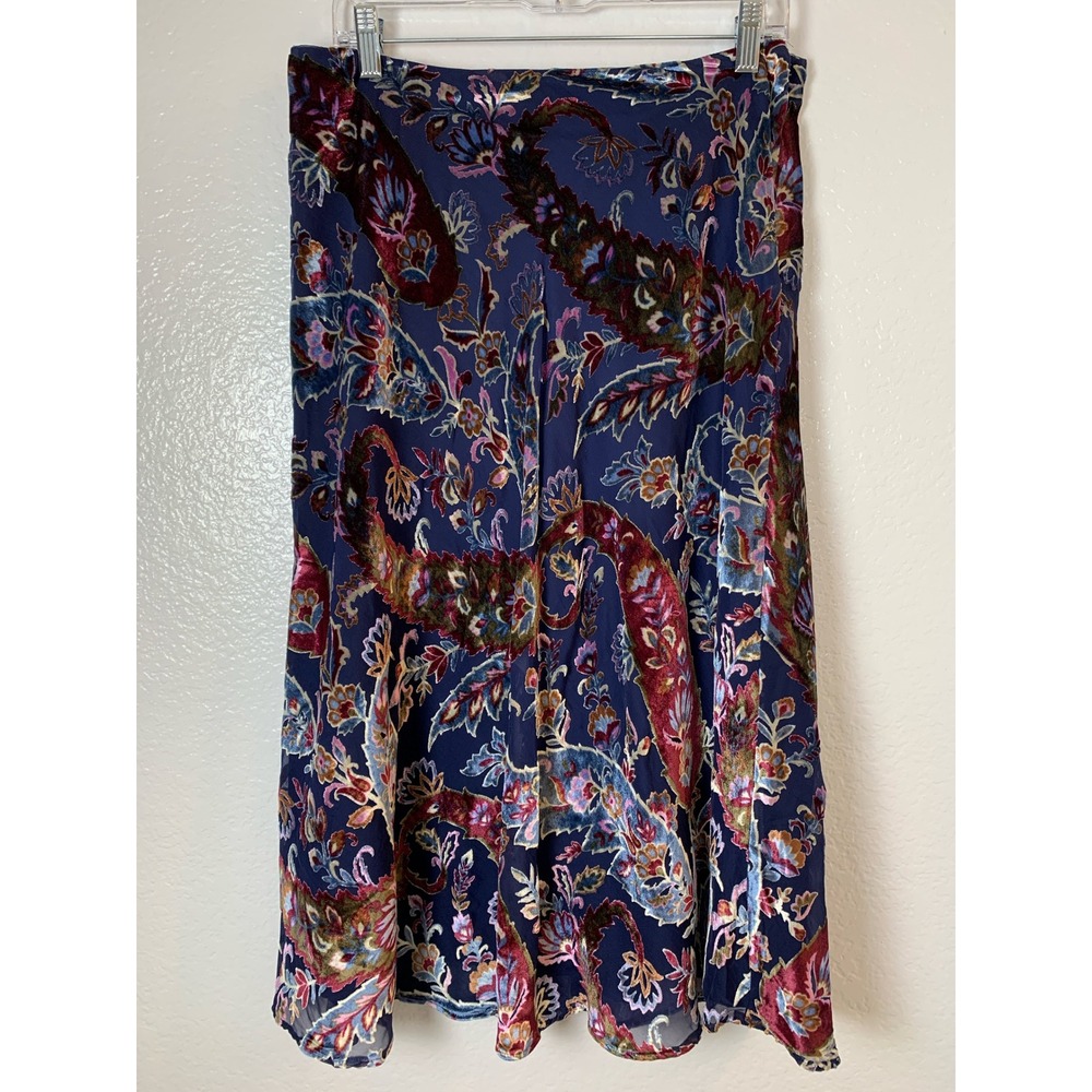 Talbots Midi Skirt Women 10 Blue Burnout Velvet Paisley Floral Whimsygoth Boho